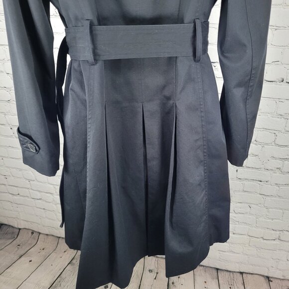 London Fog Black Double Breasted Buttoned Belted Pleated Long Trench Coat 6 - Picture 13 of 16